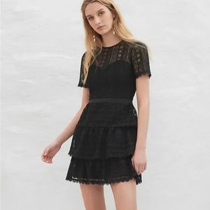 Express Black Floral Lace Tiered Short Sleeve Crew Neck Fit Flare Mini Dress XS